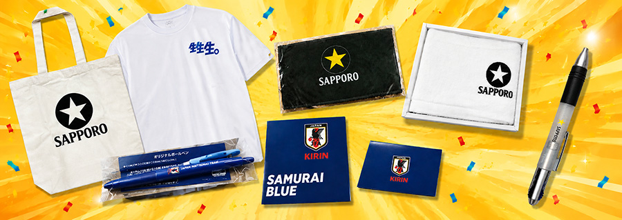 キリン サッカー日本代表ピンバッジ、ボールペン、メモ帳／サントリー サントリーTシャツ／サッポロ 今治フェイスタオル、エコバッグ、MFタオル、ボールペン
